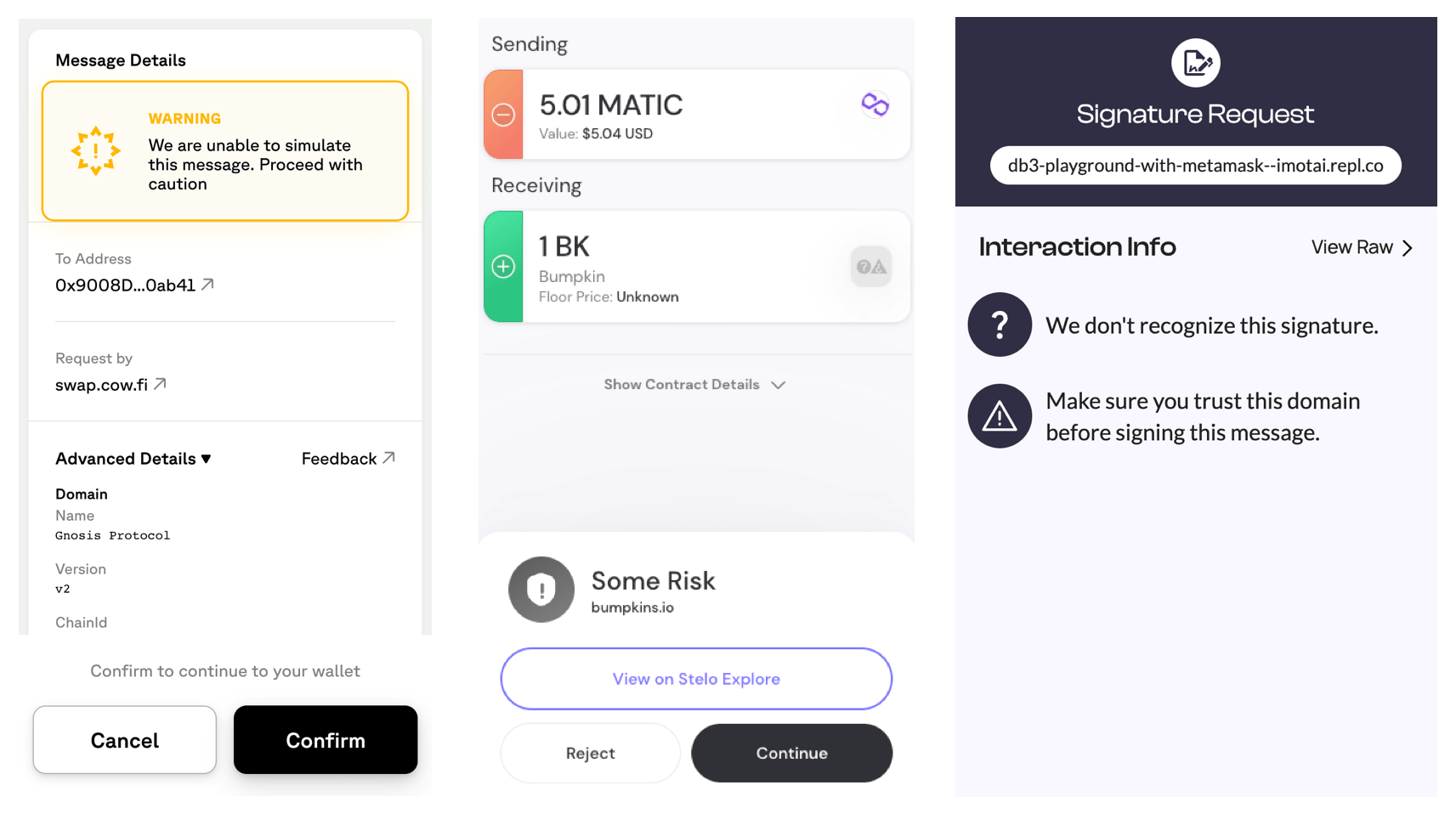 Warnings from 3 different wallet firewall products for 3 different legitimate signature requests