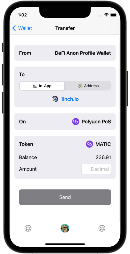 iOS app token transfer view